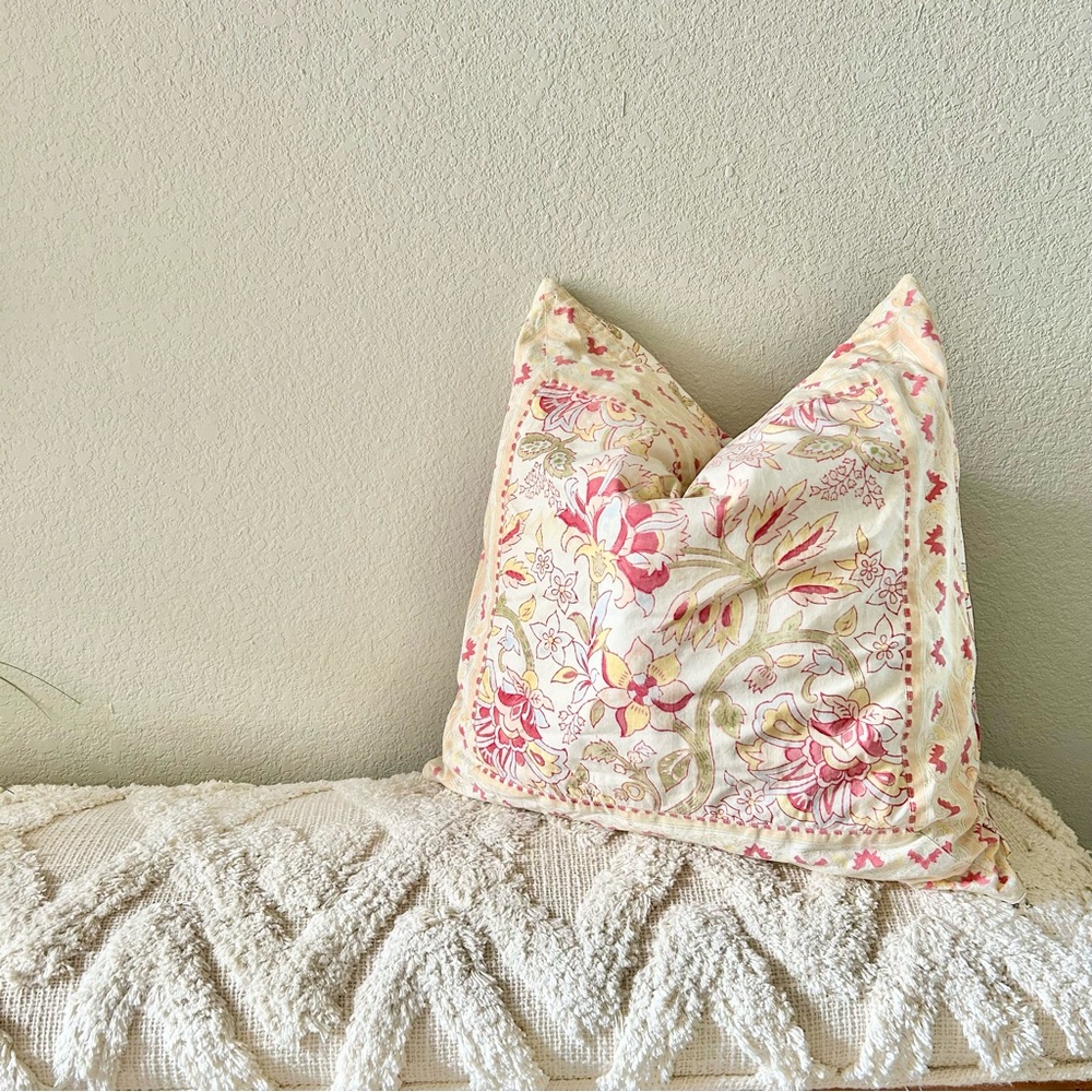 Pottery Barn Floral Batik Print 18” Cotton Pillow Cover with Down Insert